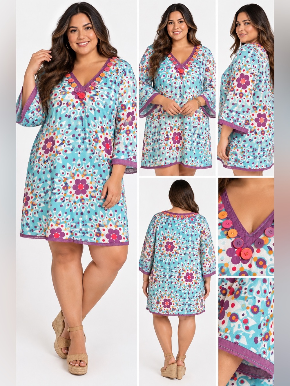 Boden Y2K retro mod button trim cotton tunic dress boho 3/4 bell sleeve a line